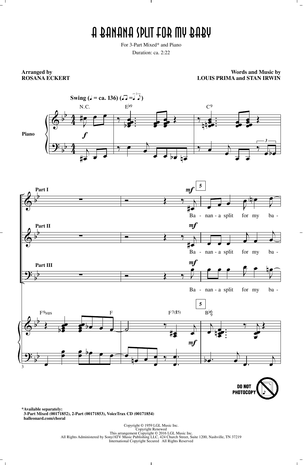 Learn to play Rosana Eckert A Banana Split For My Baby sheet music for 2-Part Choir in minutes. Price: 3.9900$ Rosana Eckert A Banana Split For My Baby sheet music notes and chords arranged for 2-Part Choir