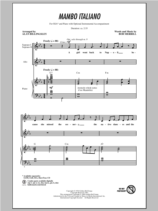 Learn to play Bob Merrill Mambo Italiano (arr. Alan Billingsley) sheet music for SSA Choir in minutes. Price: 3.9900$ Bob Merrill Mambo Italiano (arr. Alan Billingsley) sheet music notes and chords arranged for SSA Choir