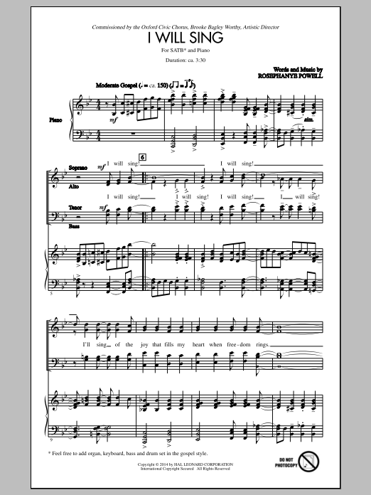 Rosephanye Powell I Will Sing sheet music notes and chords. Download Printable PDF.