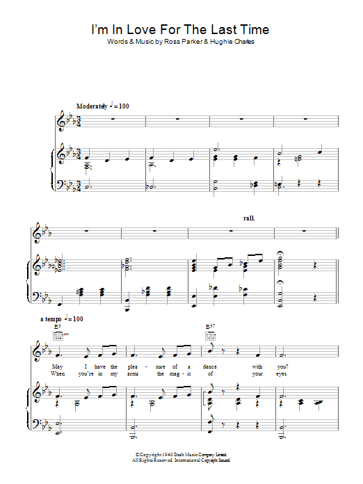 Learn to play Ross Parker I'm In Love For The Last Time sheet music for Piano & Vocal in minutes. Price: 6.9900$ Ross Parker I'm In Love For The Last Time sheet music notes and chords arranged for Piano & Vocal