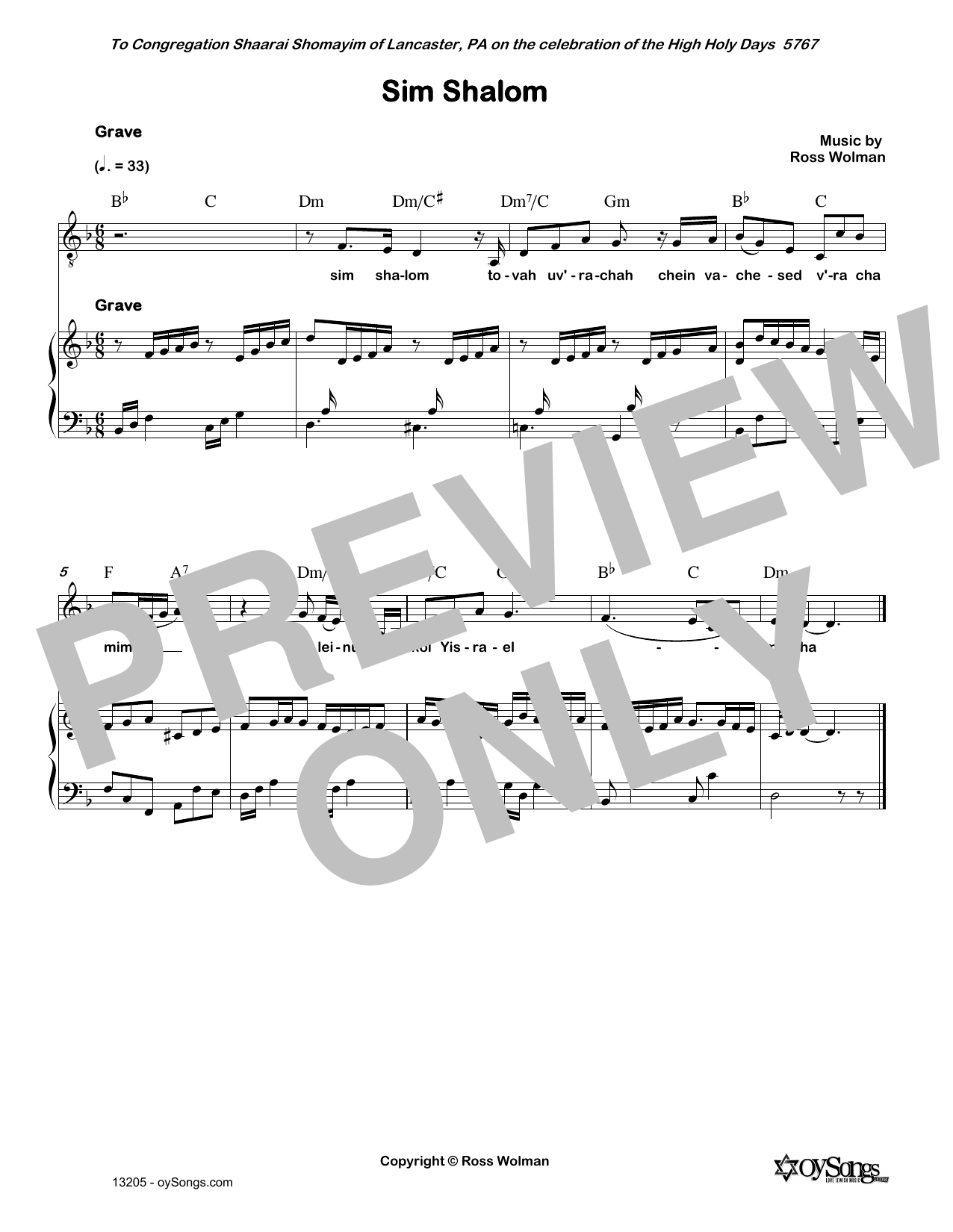 Ross Wolman Sim Shalom sheet music notes and chords. Download Printable PDF.