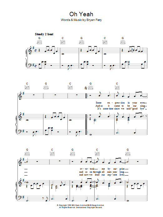 Roxy Music Oh Yeah sheet music notes and chords. Download Printable PDF.