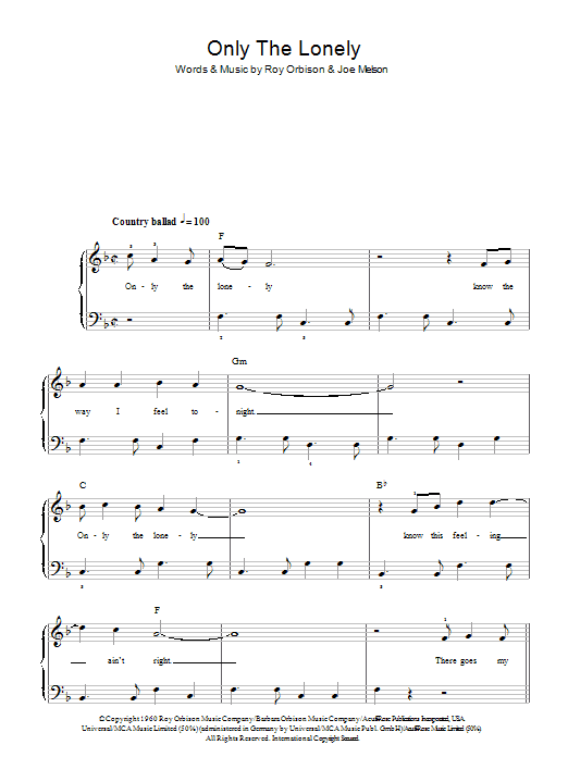 Roy Orbison Only The Lonely (Know The Way I Feel) sheet music notes and chords. Download Printable PDF.