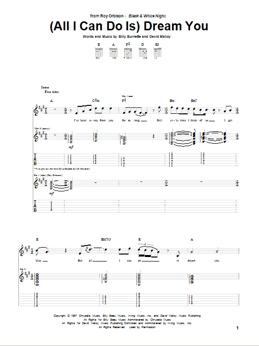 Learn to play Roy Orbison (All I Can Do Is) Dream You sheet music for Guitar Tab in minutes. Price: 7.8900$ Roy Orbison (All I Can Do Is) Dream You sheet music notes and chords arranged for Guitar Tab