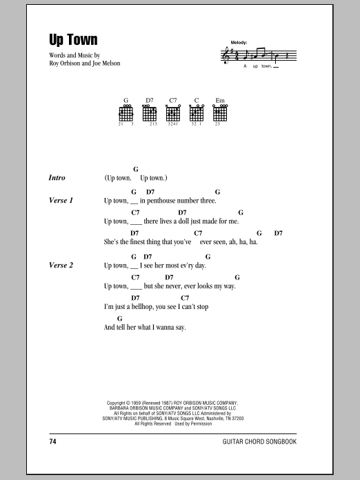 Roy Orbison Up Town sheet music notes and chords. Download Printable PDF.