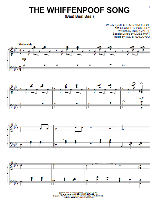 Learn to play Rudy Vallee The Whiffenpoof Song (Baa! Baa! Baa!) sheet music for Piano Solo in minutes. Rudy Vallee The Whiffenpoof Song (Baa! Baa! Baa!) sheet music notes and chords. Download Printable PDF.