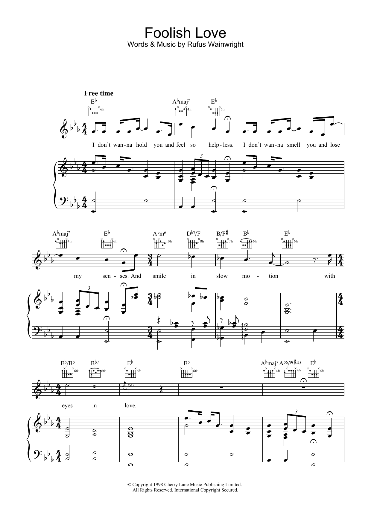 Rufus Wainwright Foolish Love sheet music notes and chords. Download Printable PDF.