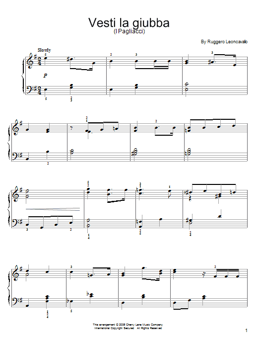 Learn to play Ruggero Leoncavallo Vesti La Giubba sheet music for Easy Piano in minutes. Price: 6.9900$ Ruggero Leoncavallo Vesti La Giubba sheet music notes and chords arranged for Easy Piano