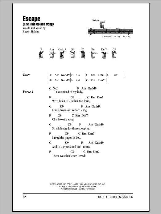 Learn to play Rupert Holmes Escape (The Pina Colada Song) sheet music for Ukulele in minutes. Rupert Holmes Escape (The Pina Colada Song) sheet music notes and chords. Download Printable PDF.