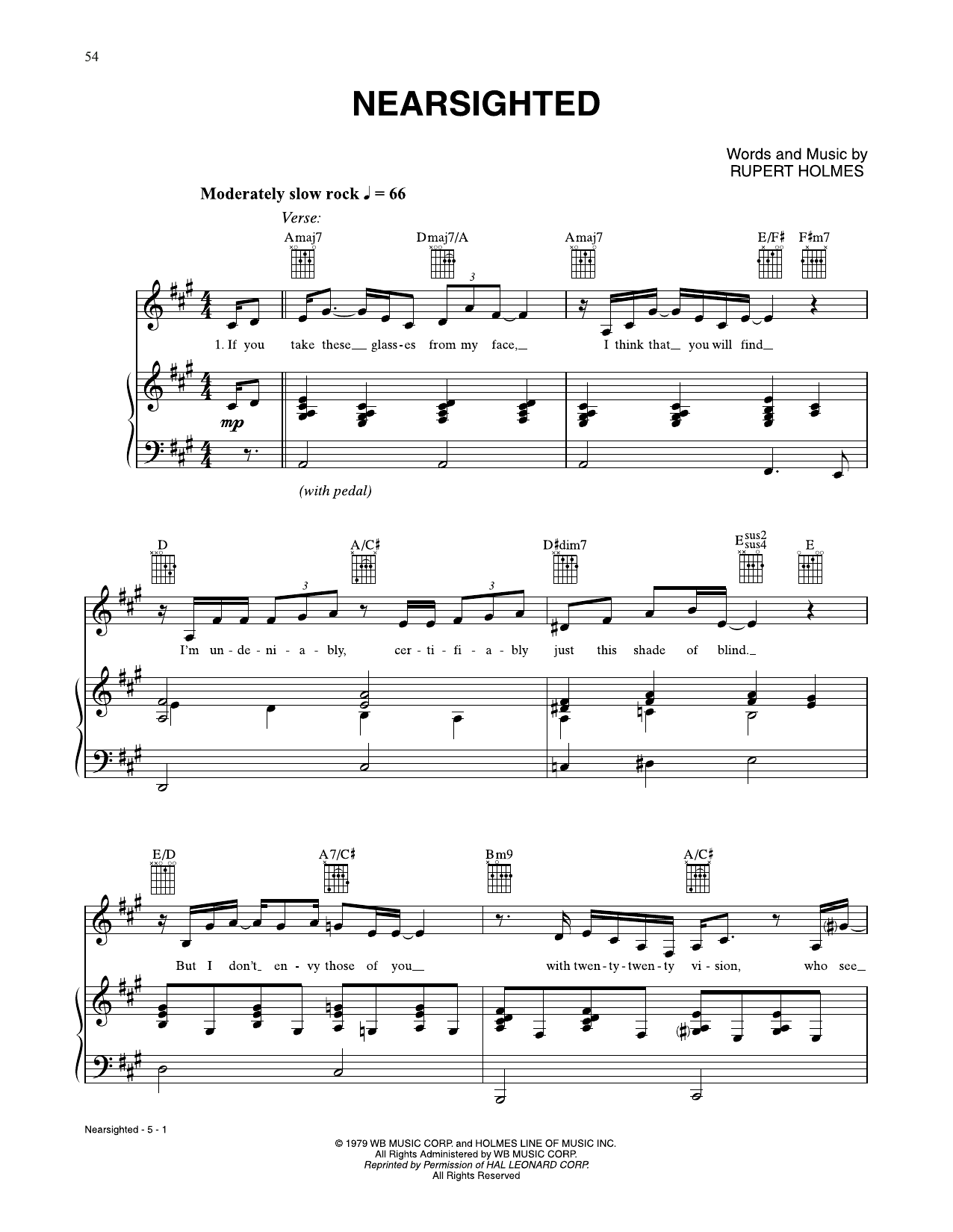 Rupert Holmes Nearsighted sheet music notes and chords. Download Printable PDF.