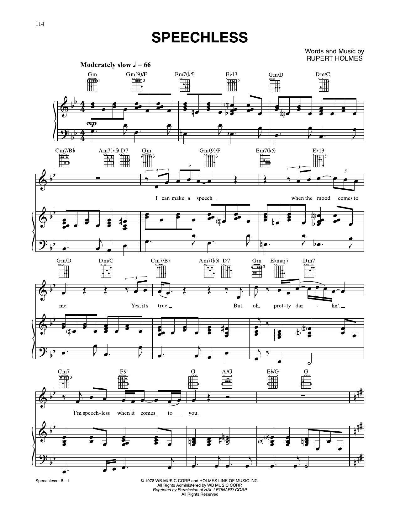 Rupert Holmes Speechless sheet music notes and chords. Download Printable PDF.