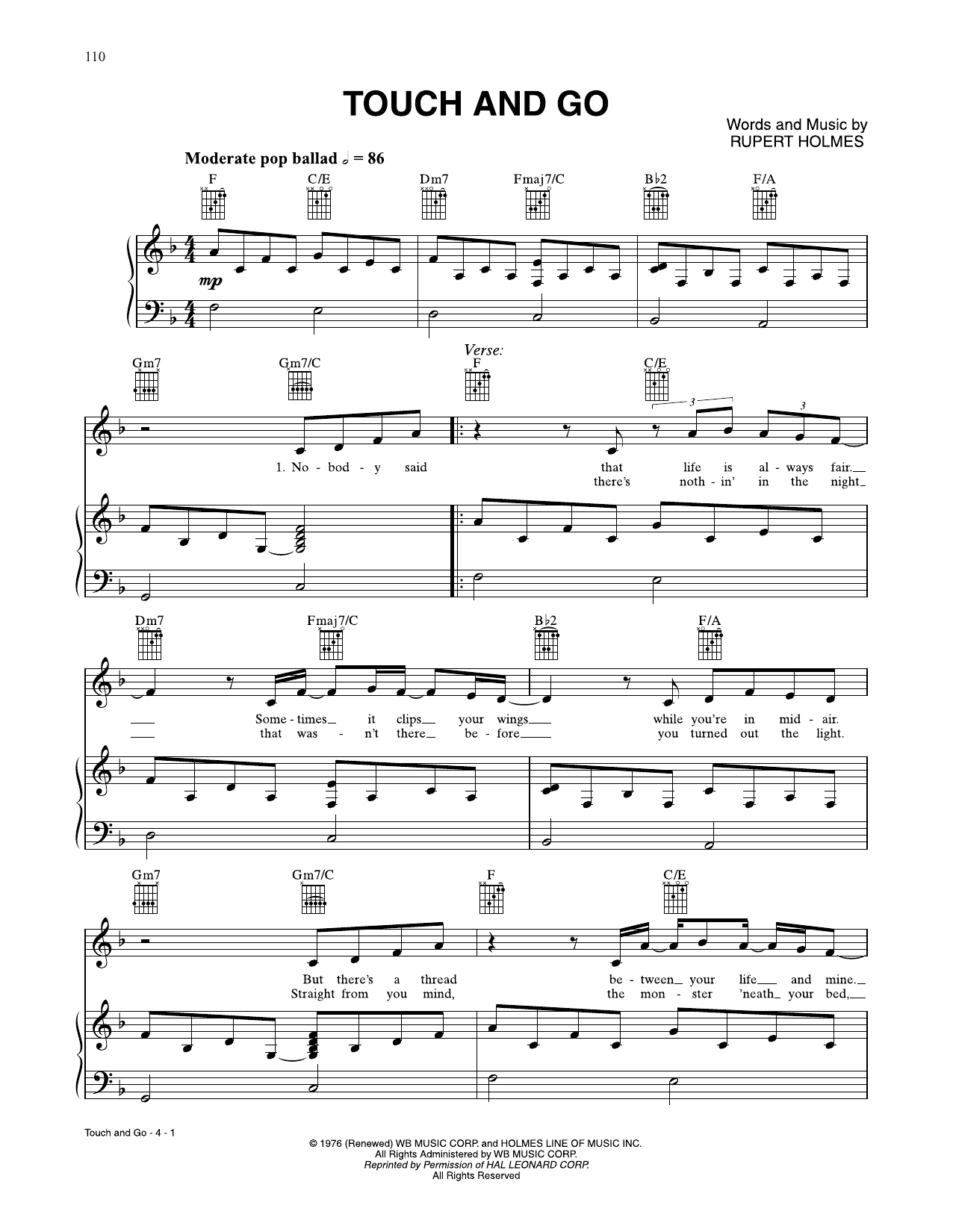 Rupert Holmes Touch And Go sheet music notes and chords. Download Printable PDF.