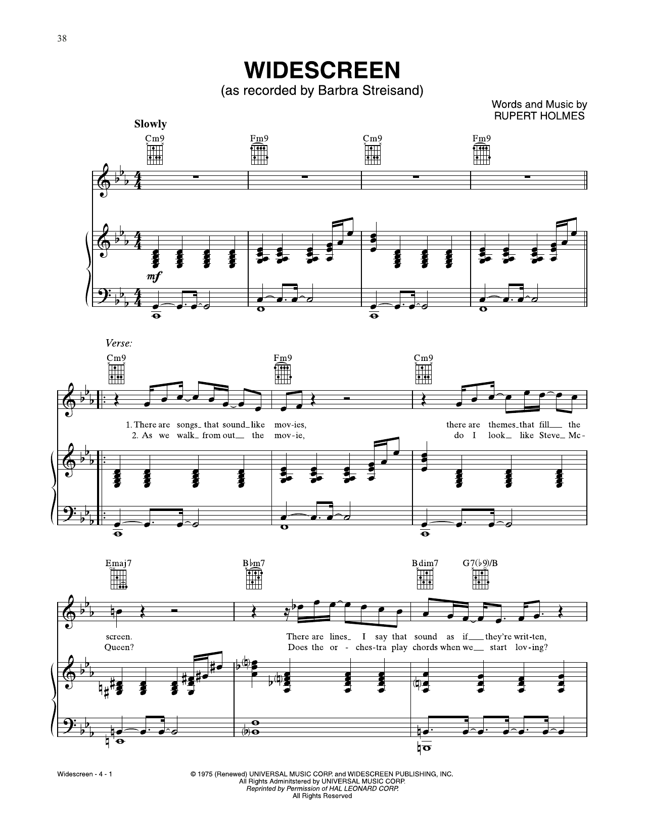 Rupert Holmes Widescreen sheet music notes and chords. Download Printable PDF.