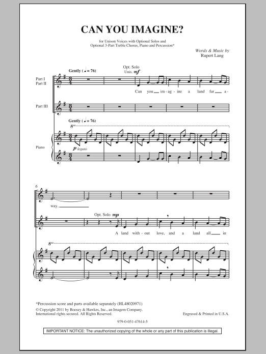 Learn to play Rupert Lang Can You Imagine? sheet music for 3-Part Treble Choir in minutes. Price: 3.9900$ Rupert Lang Can You Imagine? sheet music notes and chords arranged for 3-Part Treble Choir