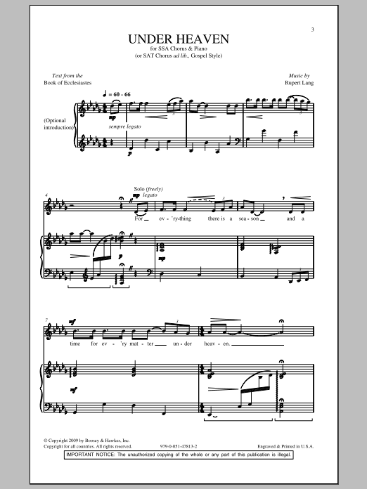 Rupert Lang Under Heaven sheet music notes and chords. Download Printable PDF.