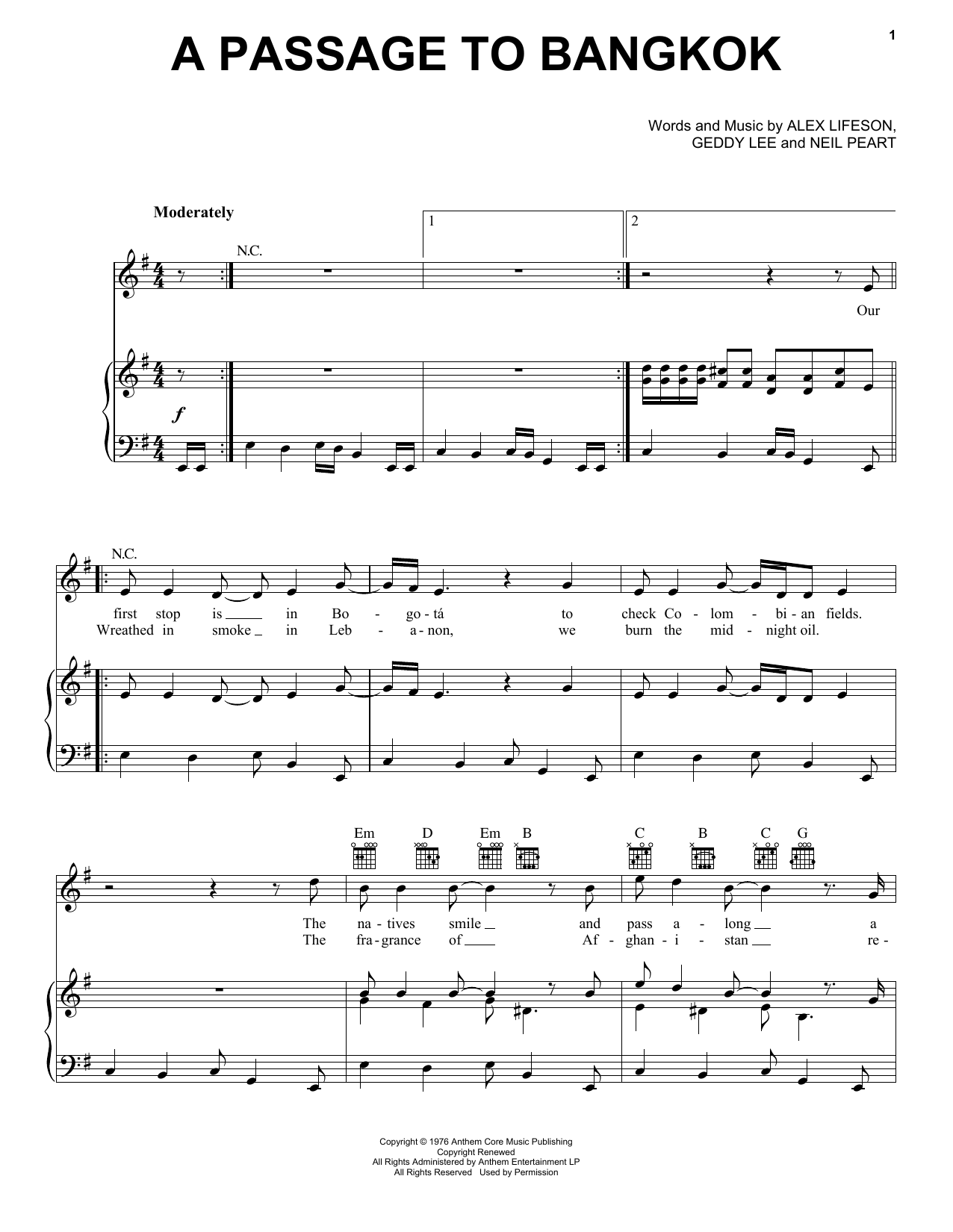 Rush A Passage To Bangkok sheet music notes and chords. Download Printable PDF.