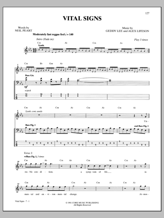 Rush Vital Signs sheet music notes and chords. Download Printable PDF.