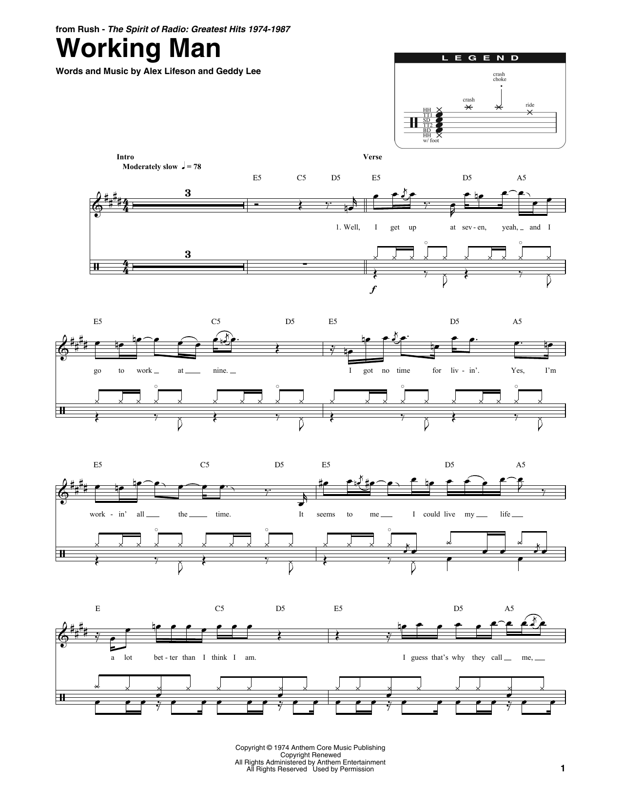 Rush Working Man sheet music notes and chords - Download Printable PDF and start playing in minutes.
