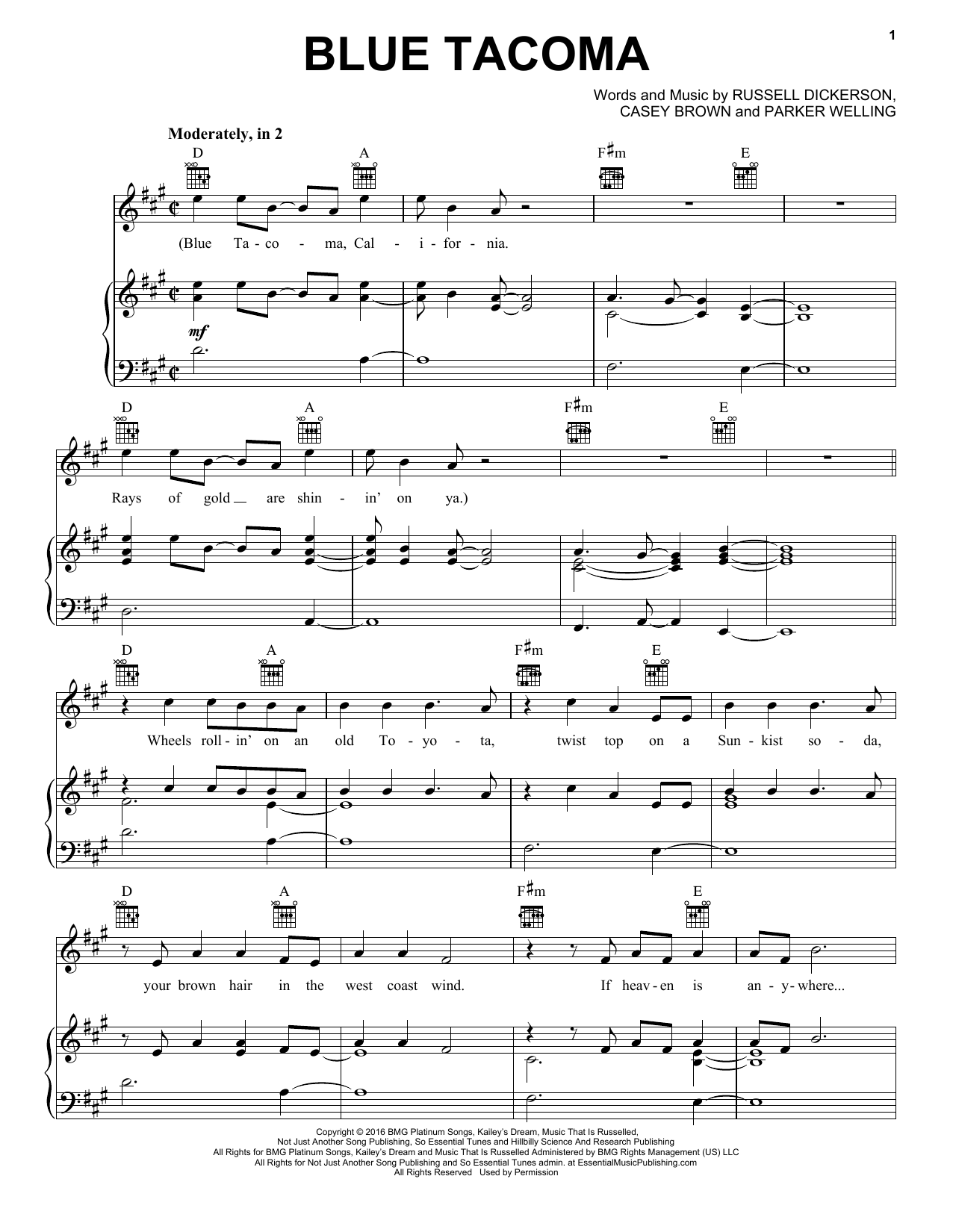 Russell Dickerson Blue Tacoma sheet music notes and chords. Download Printable PDF.