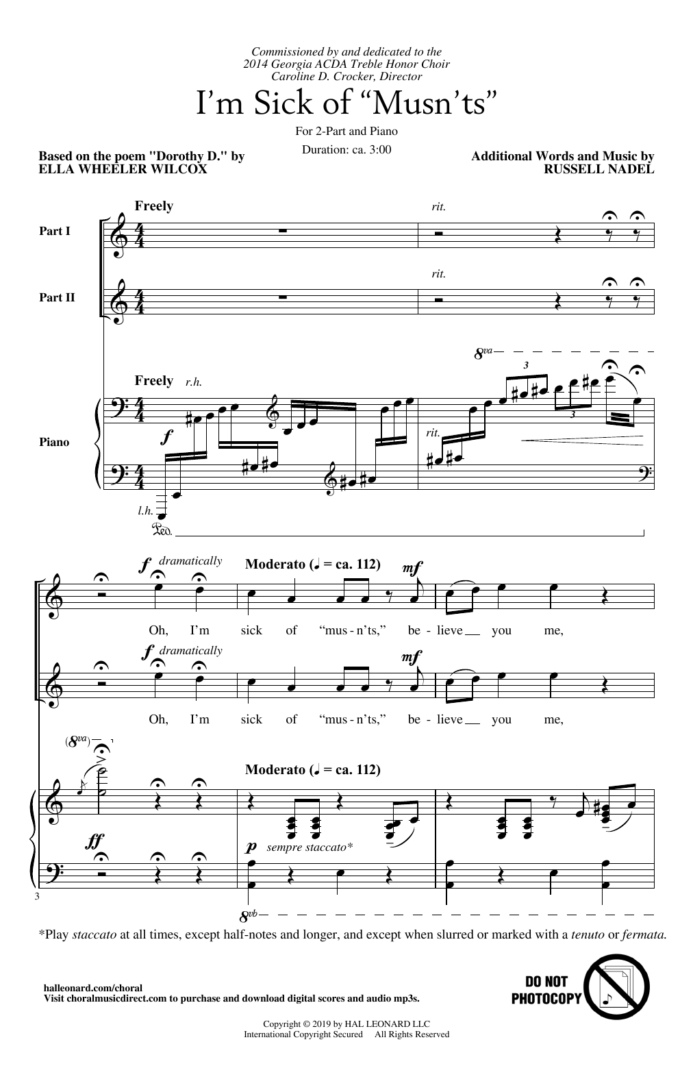Learn to play Russell Nadel I'm Sick Of Mustn'ts sheet music for 2-Part Choir in minutes. Price: 3.9900$ Russell Nadel I'm Sick Of Mustn'ts sheet music notes and chords arranged for 2-Part Choir