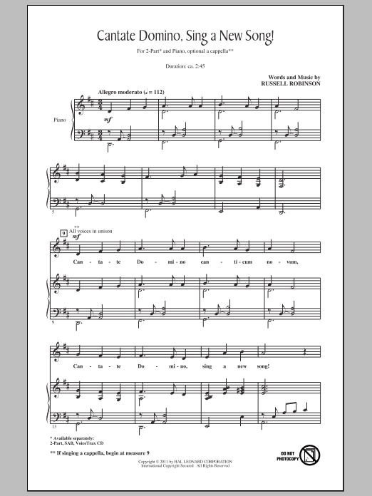 Learn to play Russell Robinson Cantate Domino, Sing A New Song! sheet music for SAB Choir in minutes. Price: 3.9900$ Russell Robinson Cantate Domino, Sing A New Song! sheet music notes and chords arranged for SAB Choir