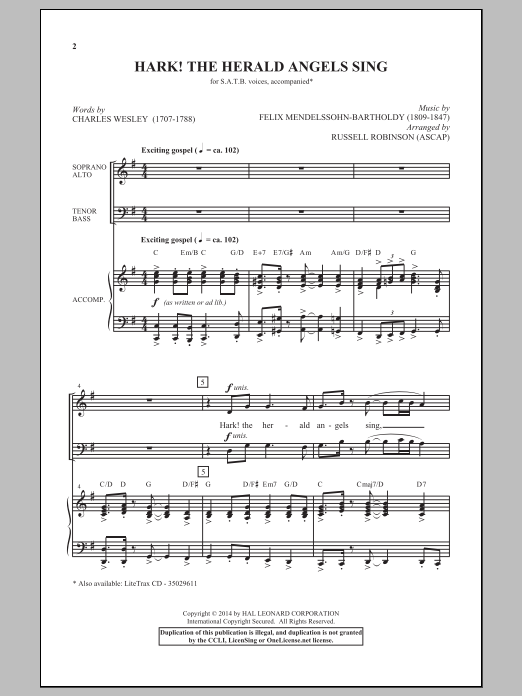 Christmas Carol Hark! The Herald Angels Sing (arr. Russell Robinson) sheet music notes and chords arranged for SATB Choir