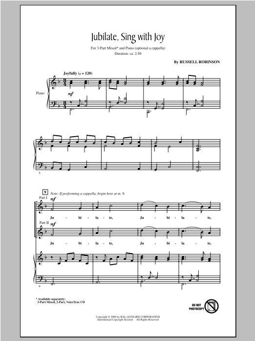 Learn to play Russell Robinson Jubilate, Sing With Joy sheet music for 2-Part Choir in minutes. Price: 3.9900$ Russell Robinson Jubilate, Sing With Joy sheet music notes and chords arranged for 2-Part Choir