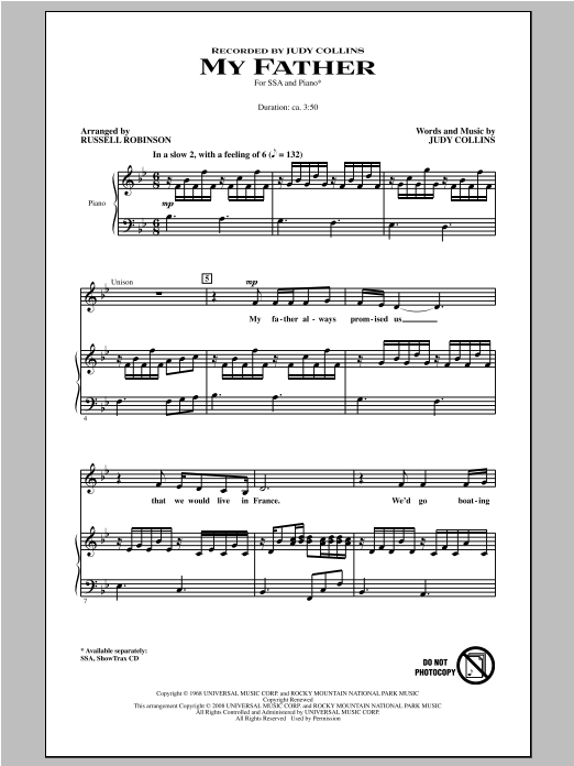 Judy Collins My Father (arr. Russell Robinson) sheet music notes and chords. Download Printable PDF.