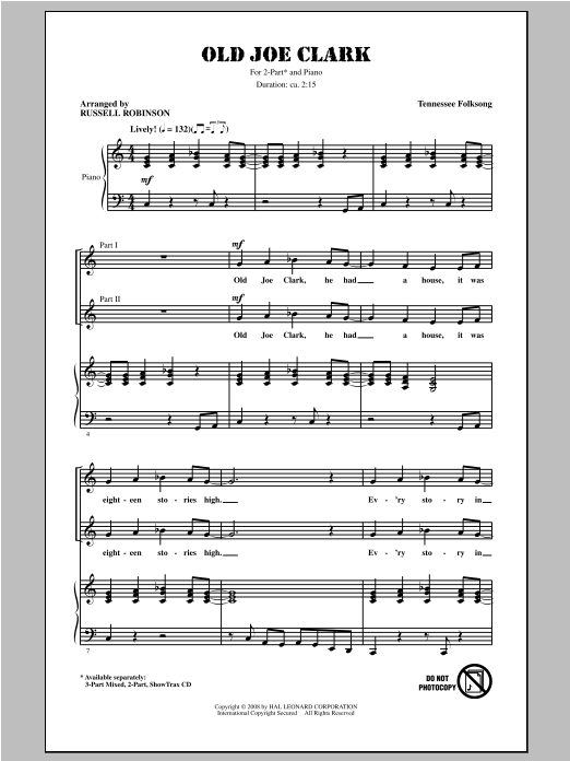 Traditional Folksong Old Joe Clark (arr. Russell Robinson) sheet music notes and chords. Download Printable PDF.