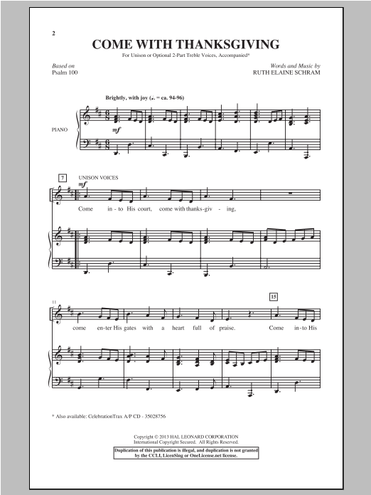 Ruth Elaine Schram Come With Thanksgiving sheet music notes and chords. Download Printable PDF.