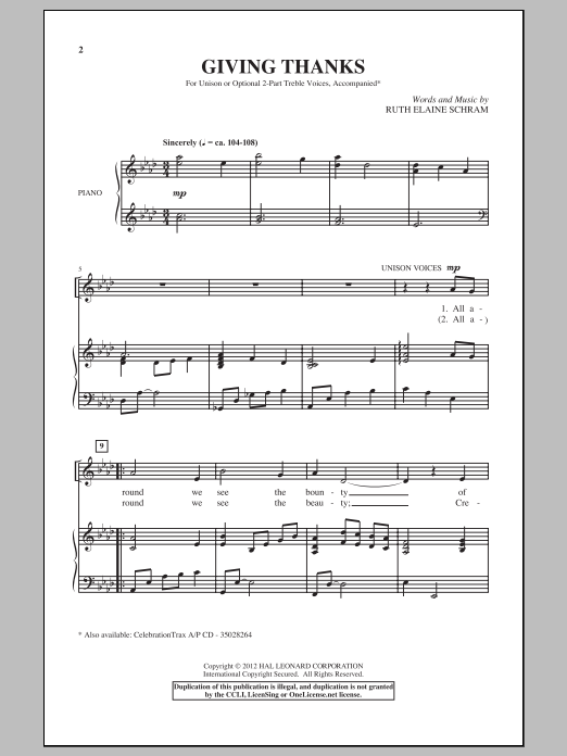 Ruth Elaine Schram Giving Thanks sheet music notes and chords. Download Printable PDF.