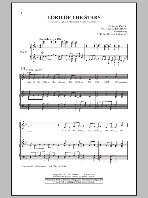 Learn to play Ruth Elaine Schram Lord Of The Stars sheet music for Unison Choir in minutes. Price: 3.9900$ Ruth Elaine Schram Lord Of The Stars sheet music notes and chords arranged for Unison Choir