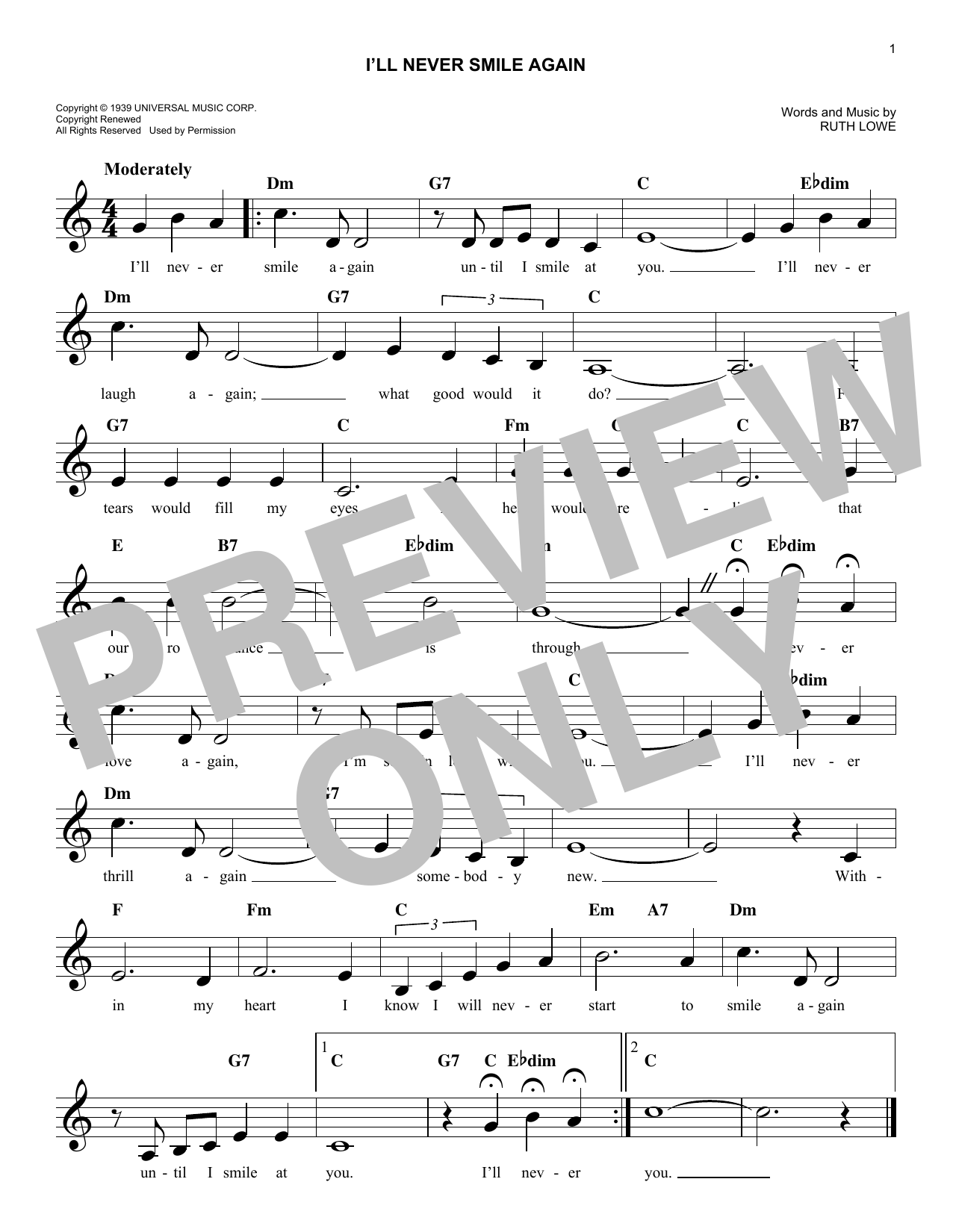 Learn to play Ruth Lowe I'll Never Smile Again sheet music for Lead Sheet / Fake Book in minutes. Ruth Lowe I'll Never Smile Again sheet music notes and chords. Download Printable PDF.