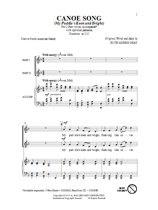 Learn to play Ruth Morris Gray Canoe Song sheet music for 3-Part Mixed Choir in minutes. Price: 3.9900$ Ruth Morris Gray Canoe Song sheet music notes and chords arranged for 3-Part Mixed Choir