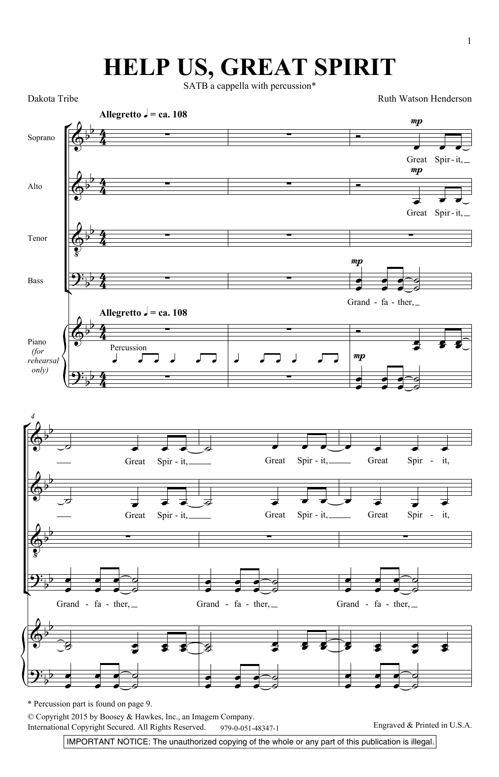 Ruth Watson Henderson Help Us, Great Spirit sheet music notes and chords arranged for SATB Choir