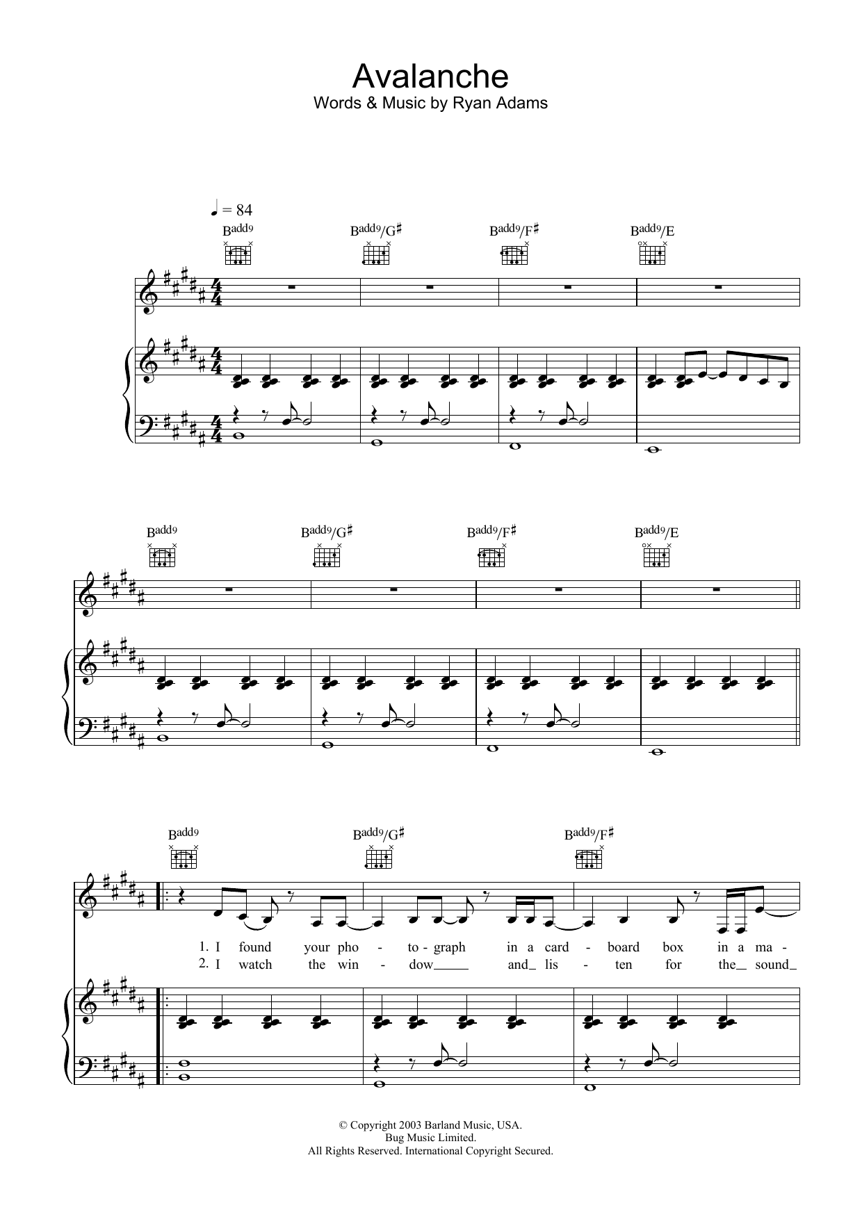 Ryan Adams Avalanche sheet music notes and chords. Download Printable PDF.