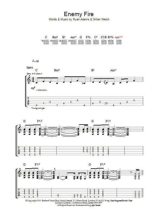 Ryan Adams Enemy Fire sheet music notes and chords. Download Printable PDF.