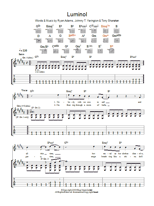 Ryan Adams Luminol sheet music notes and chords. Download Printable PDF.