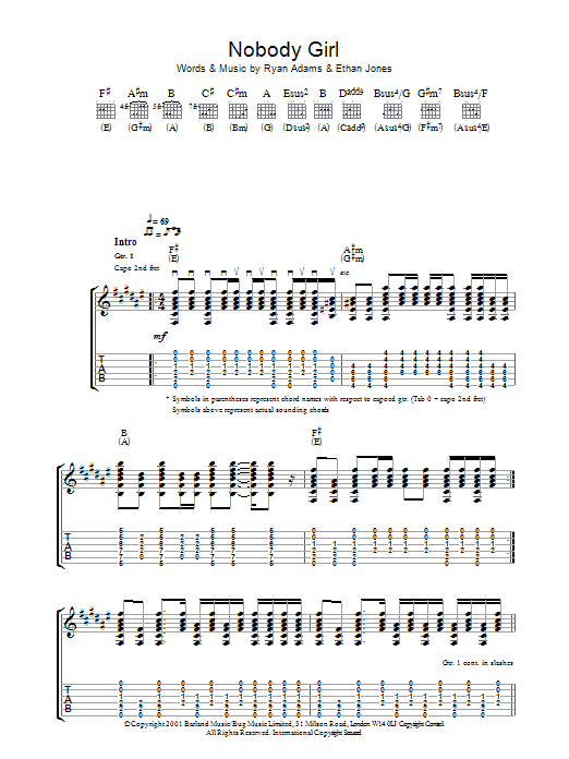 Ryan Adams Nobody Girl sheet music notes and chords. Download Printable PDF.