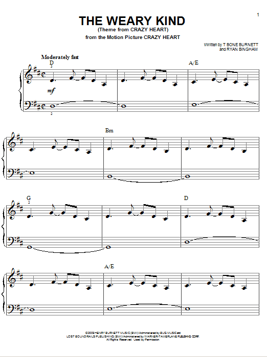 Ryan Bingham The Weary Kind sheet music notes and chords. Download Printable PDF.