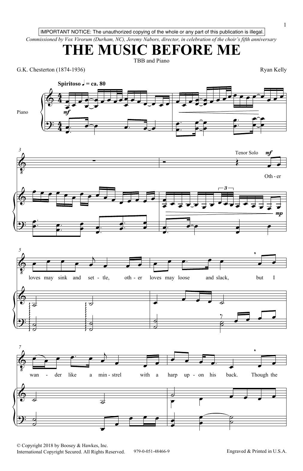 Learn to play Ryan Kelly The Music Before Me sheet music for TBB Choir in minutes. Price: 3.9900$ Ryan Kelly The Music Before Me sheet music notes and chords arranged for TBB Choir