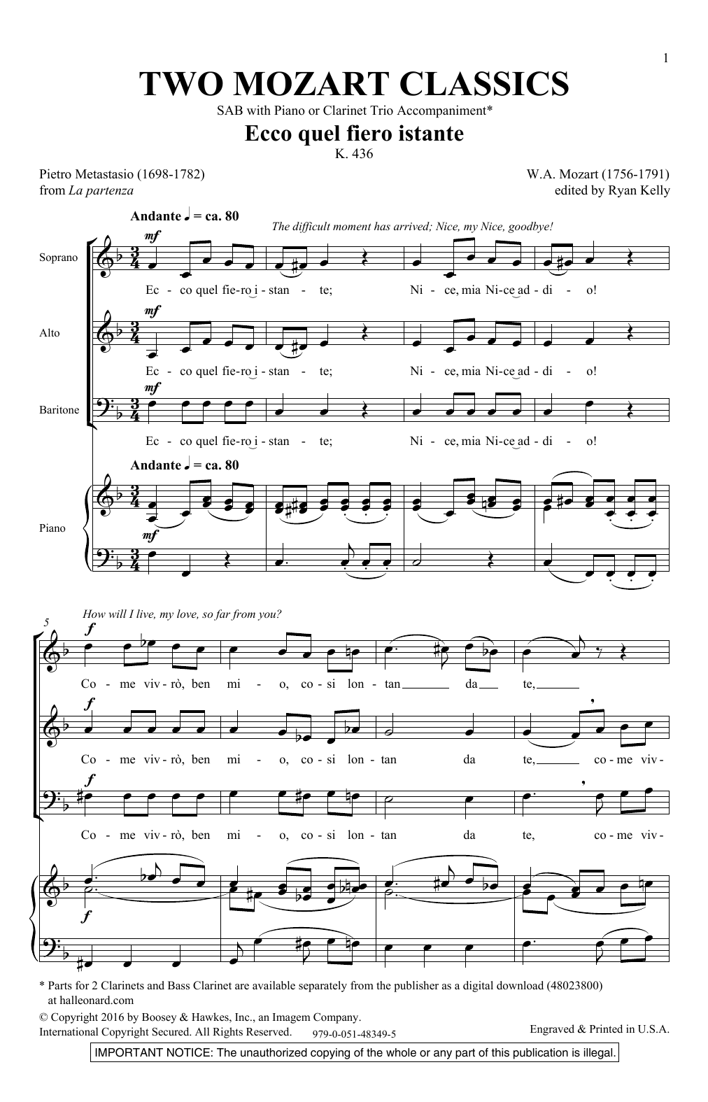 Ryan Kelly Two Mozart Classics sheet music notes and chords. Download Printable PDF.