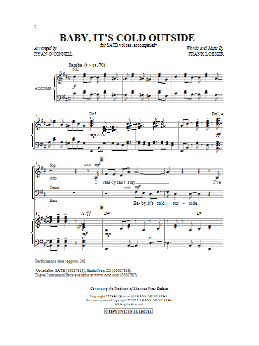 Learn to play Ryan O'Connell Baby, It's Cold Outside sheet music for SATB Choir in minutes. Price: 3.9900$ Ryan O'Connell Baby, It's Cold Outside sheet music notes and chords arranged for SATB Choir