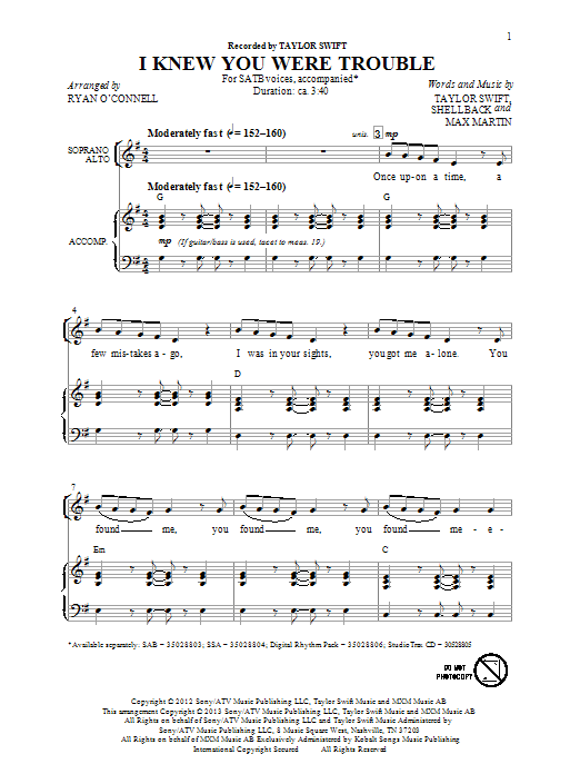 Learn to play Taylor Swift I Knew You Were Trouble (arr. Ryan O'Connell) sheet music for SSA Choir in minutes. Price: 3.9900$ Taylor Swift I Knew You Were Trouble (arr. Ryan O'Connell) sheet music notes and chords arranged for SSA Choir