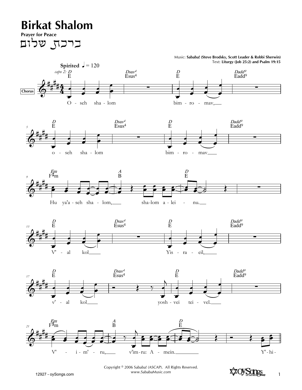 Sababa Birkat Shalom sheet music notes and chords. Download Printable PDF.