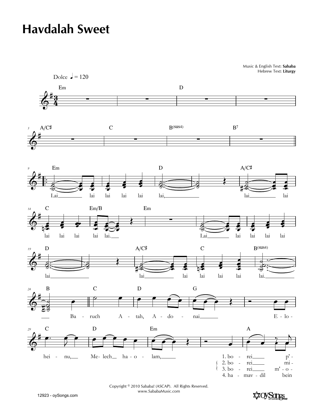 Sababa Havdalah Sweet sheet music notes and chords. Download Printable PDF.