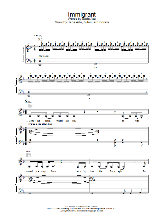 Sade Immigrant sheet music notes and chords - Download Printable PDF and start playing in minutes.