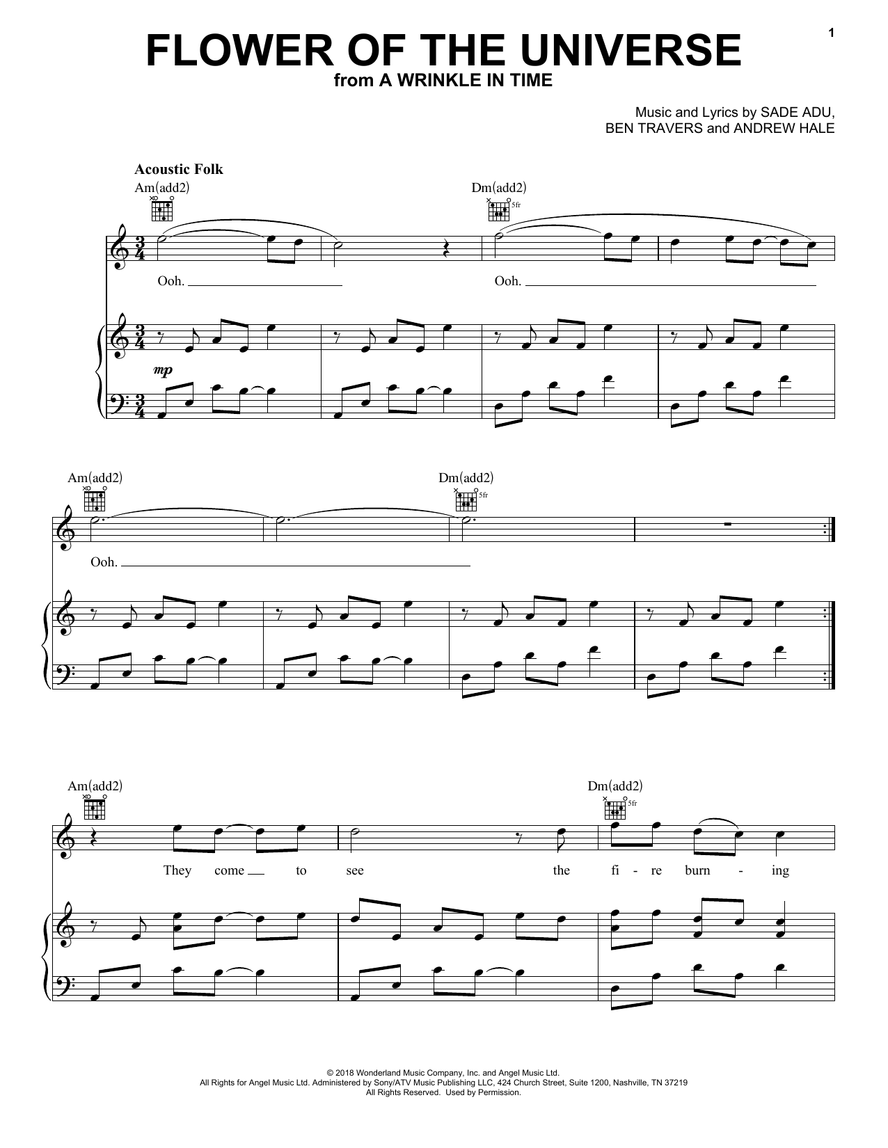 Learn to play Sade Adu Flower Of The Universe (from A Wrinkle In Time) sheet music for Piano, Vocal & Guitar Chords (Right-Hand Melody) in minutes. Price: 7.8900$ Sade Adu Flower Of The Universe (from A Wrinkle In Time) sheet music notes and chords arranged for Piano, Vocal & Guitar Chords (Right-Hand Melody)