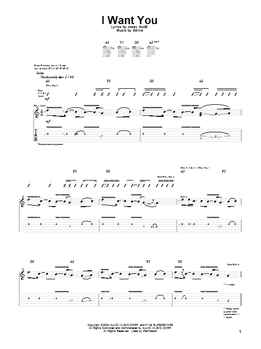 Saliva I Want You sheet music notes and chords. Download Printable PDF.