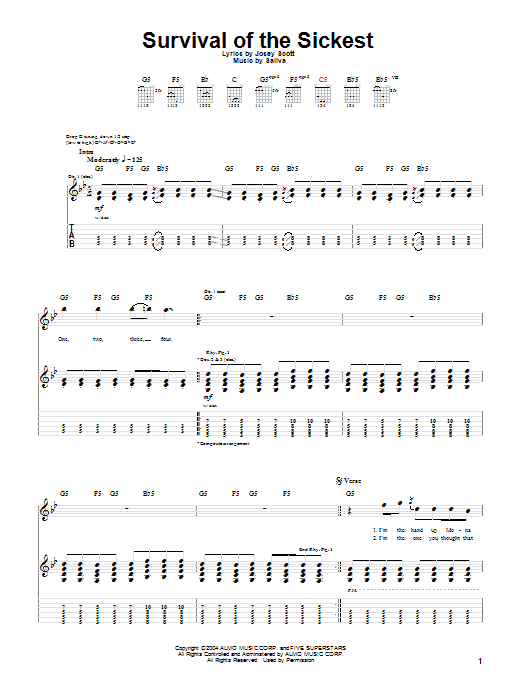 Saliva Survival Of The Sickest sheet music notes and chords. Download Printable PDF.